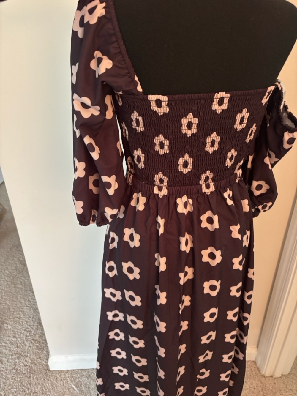 Women’s Floral Smocked Midi Dress - Brown and Cream - Picture 4 of 4